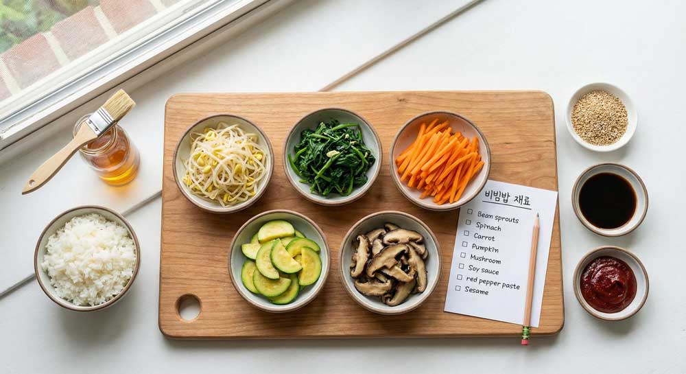 A prep checklist scene with vegetables and a bowl of rice arranged in order on a cutting board