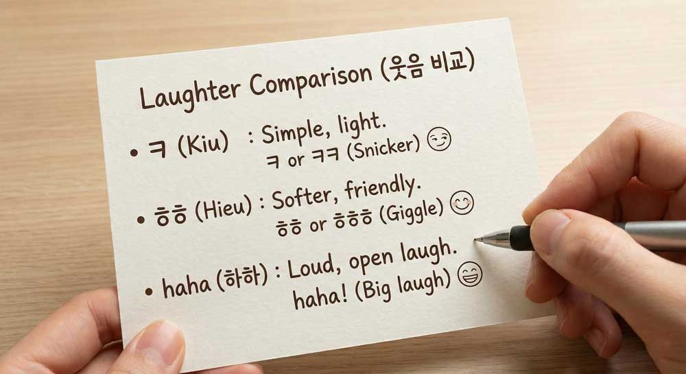 Showing a memo with examples replacing ㅋ with ㅎㅎ ㅋㅋ and emojis