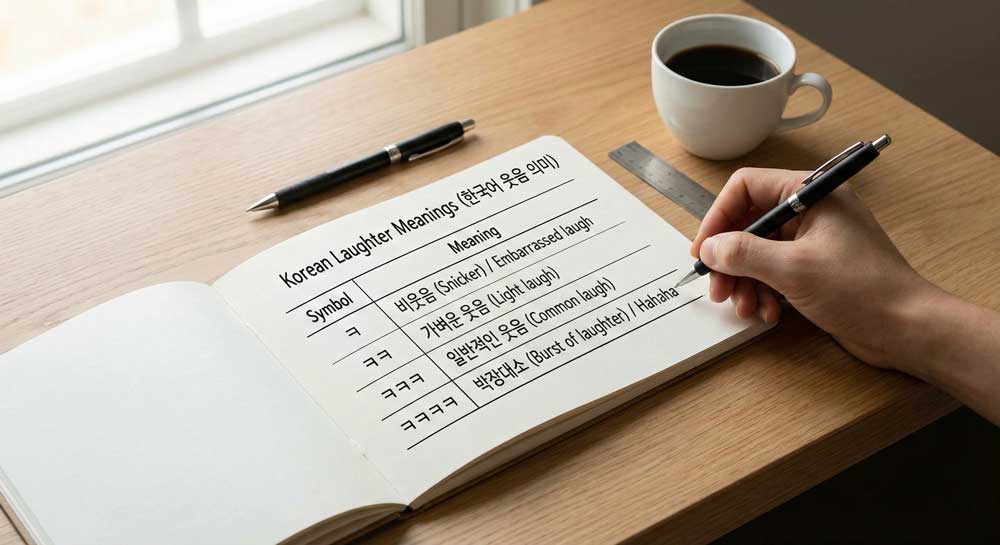 Writing a table of ㅋ counts and meanings in a notebook