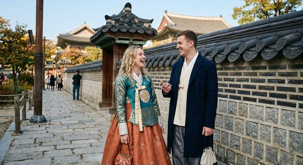 Foreign tourists taking photos wearing colorful Hanbok in front of Heungnyemun Gate of Gyeongbokgung Palace.
