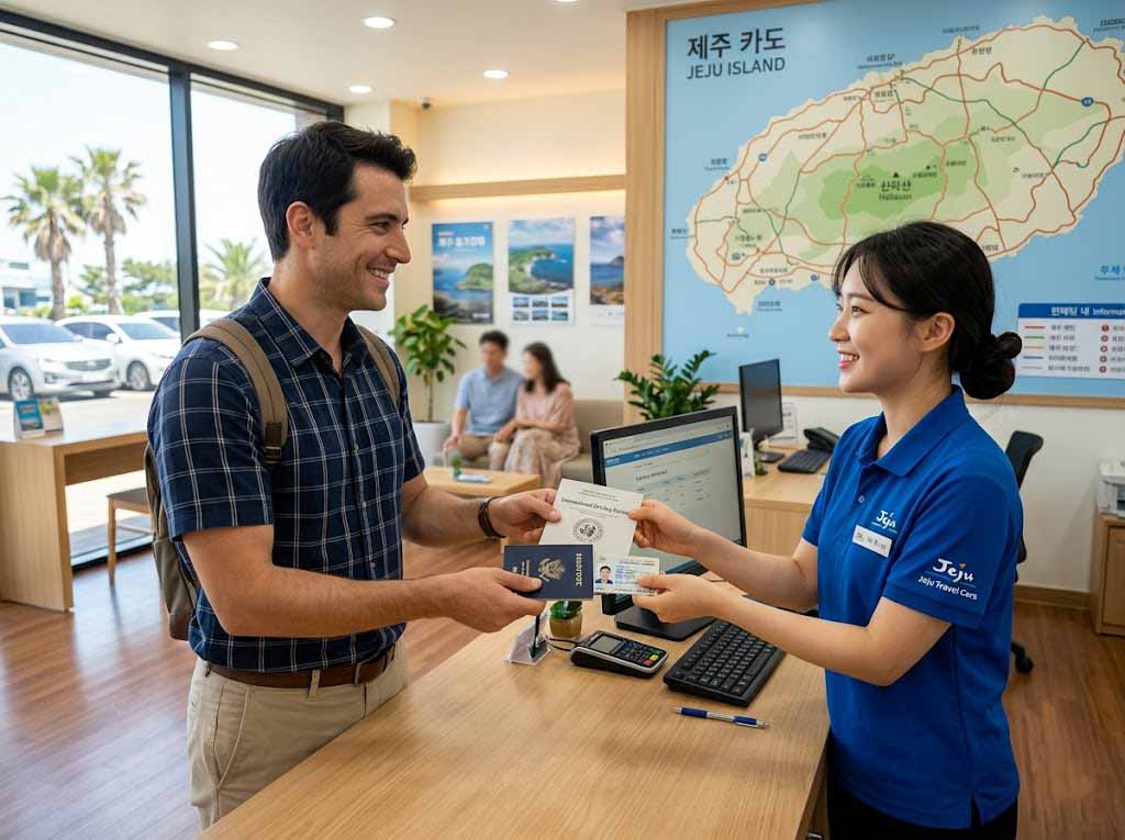 A foreign traveler smiling while showing an International Driving Permit and passport to a staff member at a Jeju car rental counter