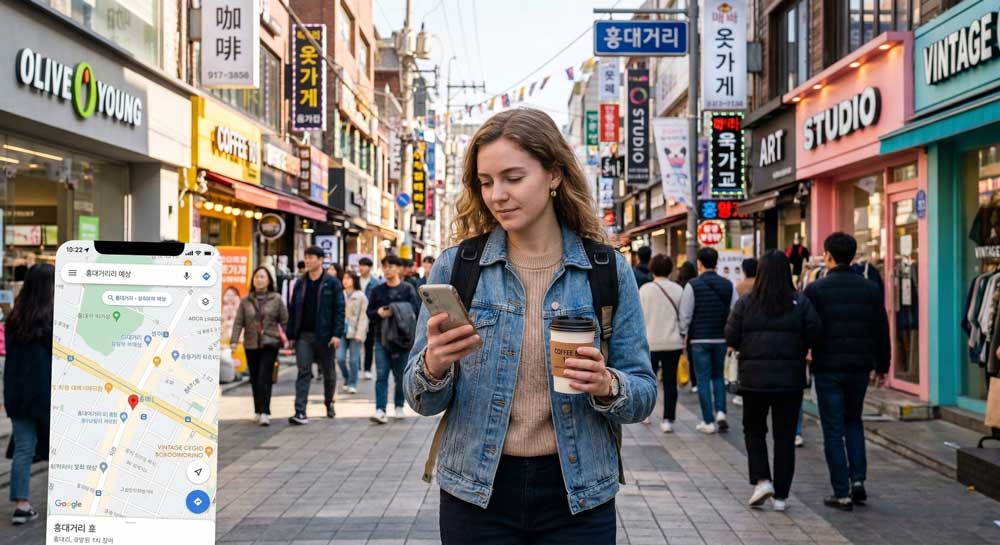 Foreign tourist looking for directions while checking Kakao Map on a smartphone on a clear day in Seoul streets