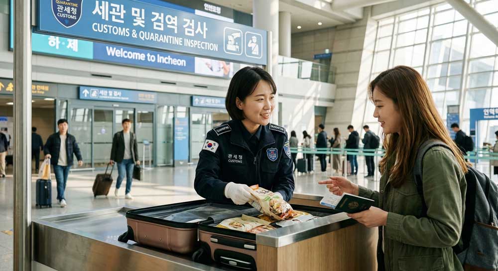 A scene of a quarantine officer inspecting a traveler's luggage at the Korean airport customs area.