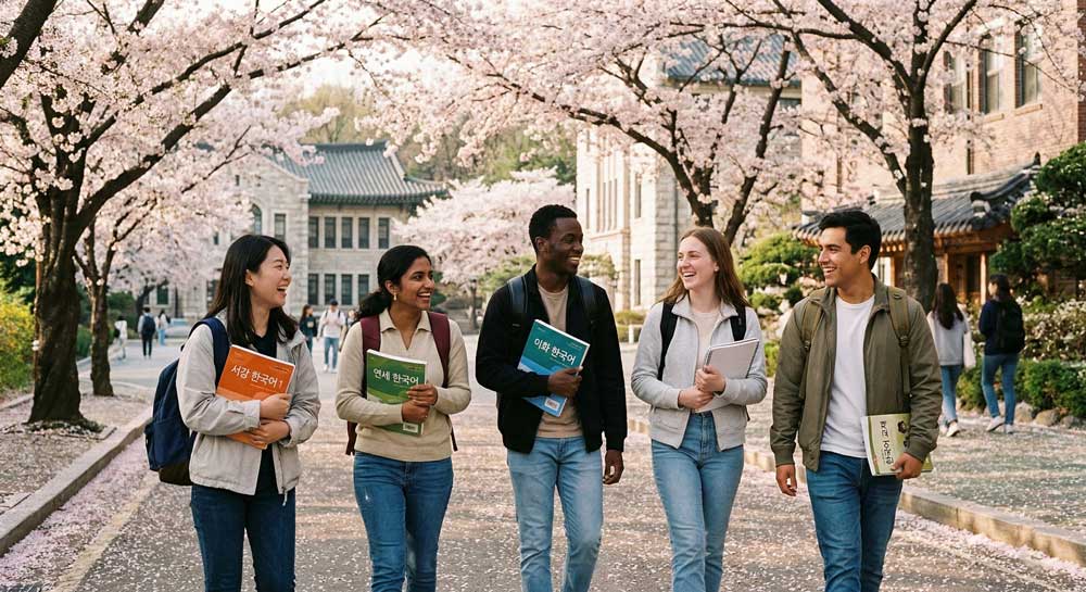 Students of various nationalities discussing while looking at Korean textbooks on a modern Korean university campus.