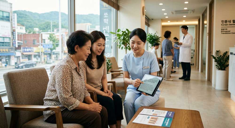 A scene of an international patient and guardian consulting with a doctor at a Korean dental clinic