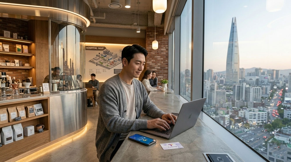 A person working remotely in a Seoul cafe