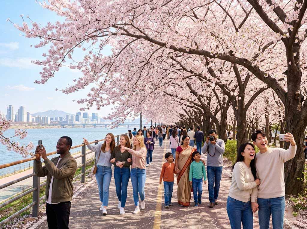 The cherry blossom tunnel in full bloom and walking crowds at Yeouido Yoonjung-ro