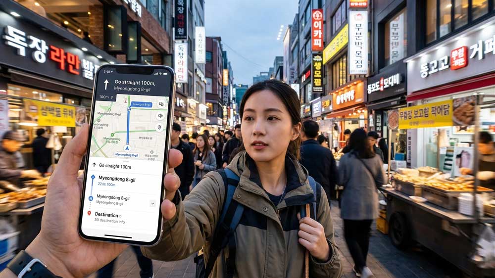 English route guidance and nearby restaurant info on Naver Map displayed on a smartphone screen.