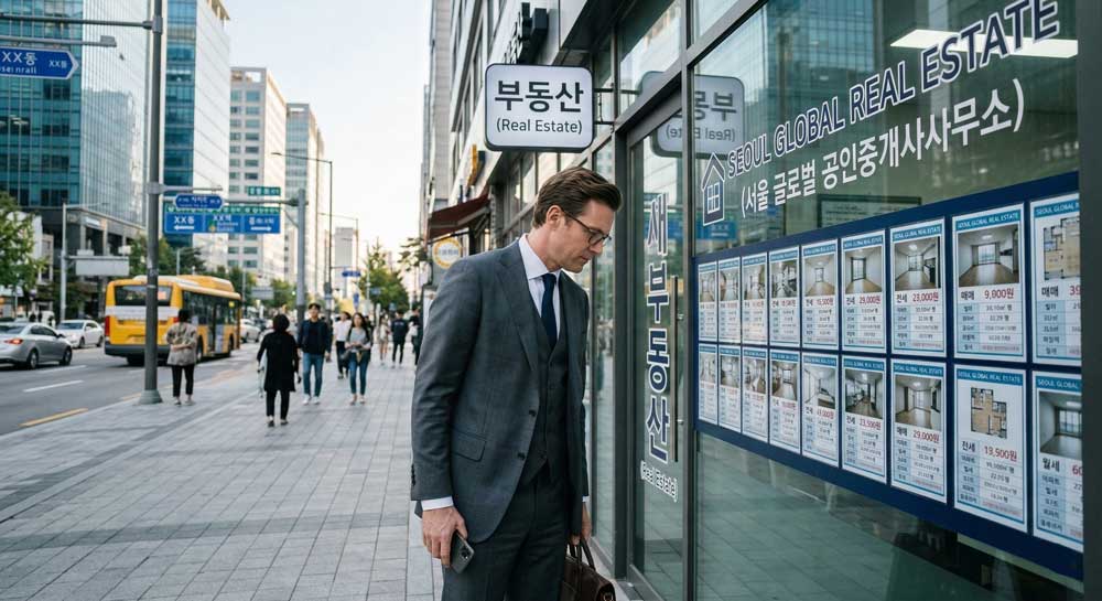 A yellow real estate agency sign and windows with property listings in a Seoul alleyway.