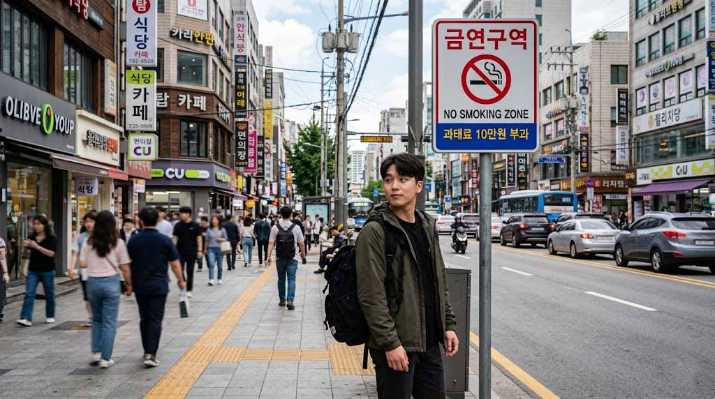 A person looking at a no-smoking zone sign installed on a busy Seoul street