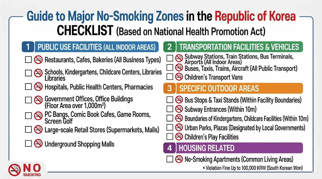 Checklist-style informational image summarizing major no-smoking zones in Korea