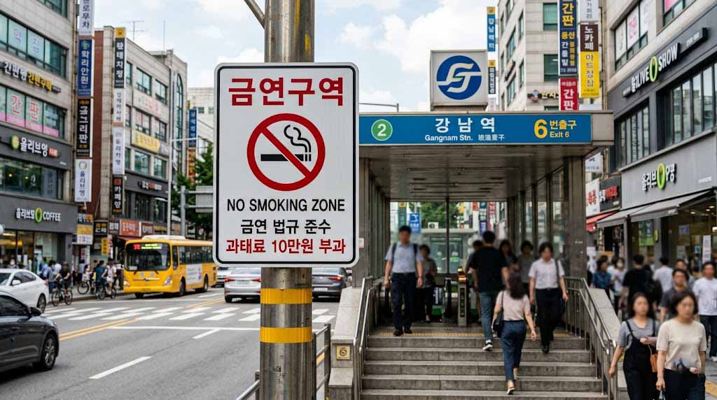 Close-up of a no-smoking zone sign installed in front of a Seoul subway station entrance
