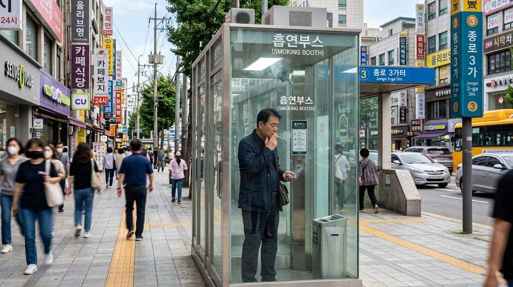 A Korean person smoking inside a smoking booth installed on a Seoul city street