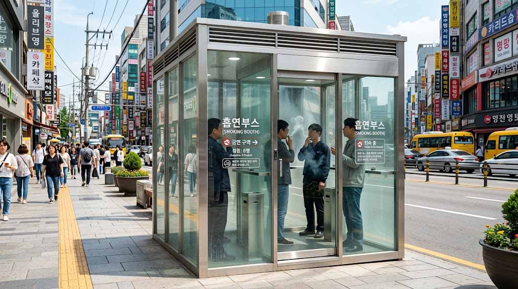 Exterior view of a transparent glass smoking booth installed on a Seoul city street