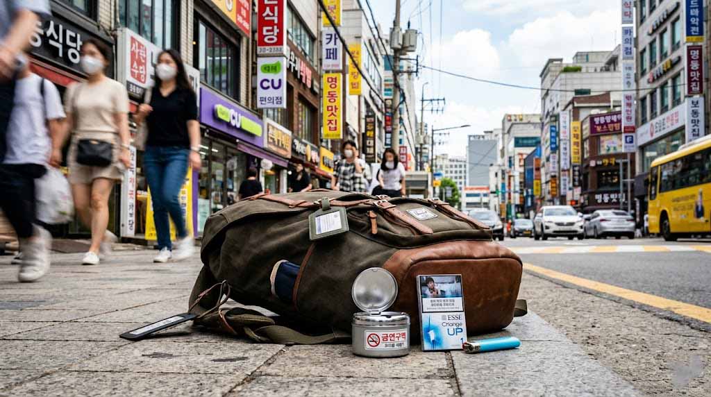 Portable ashtray and cigarettes placed next to a travel bag, items a smoker should prepare for traveling in Korea