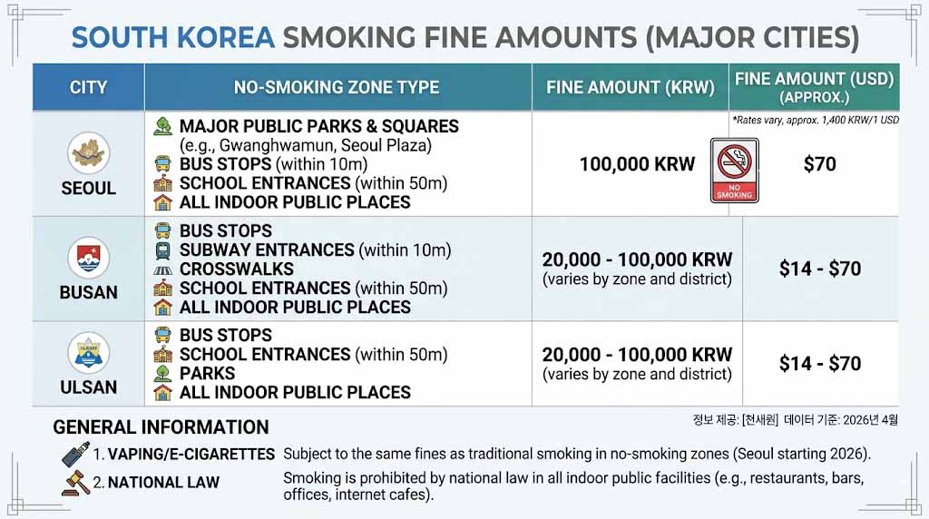 Informational image summarizing smoking fine amounts by region in Korea