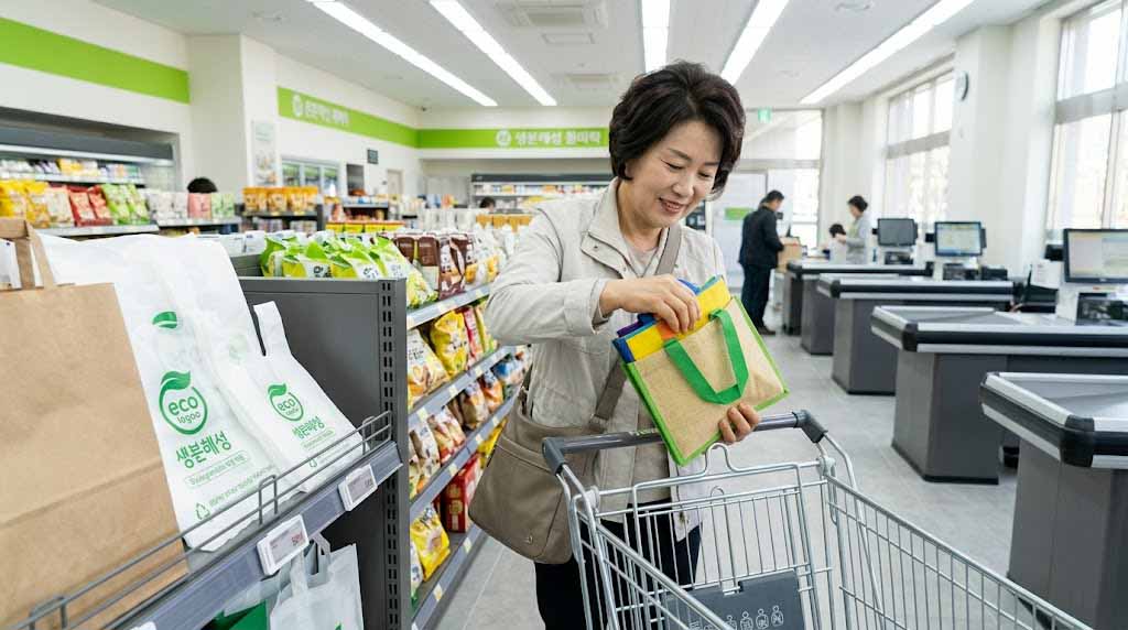 A Korean person pulling out a foldable eco bag and hanging it on a shopping cart at a Korean mart