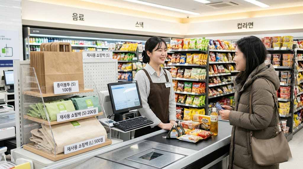Paper bags and reusable bags with price tags displayed near a Korean convenience store checkout