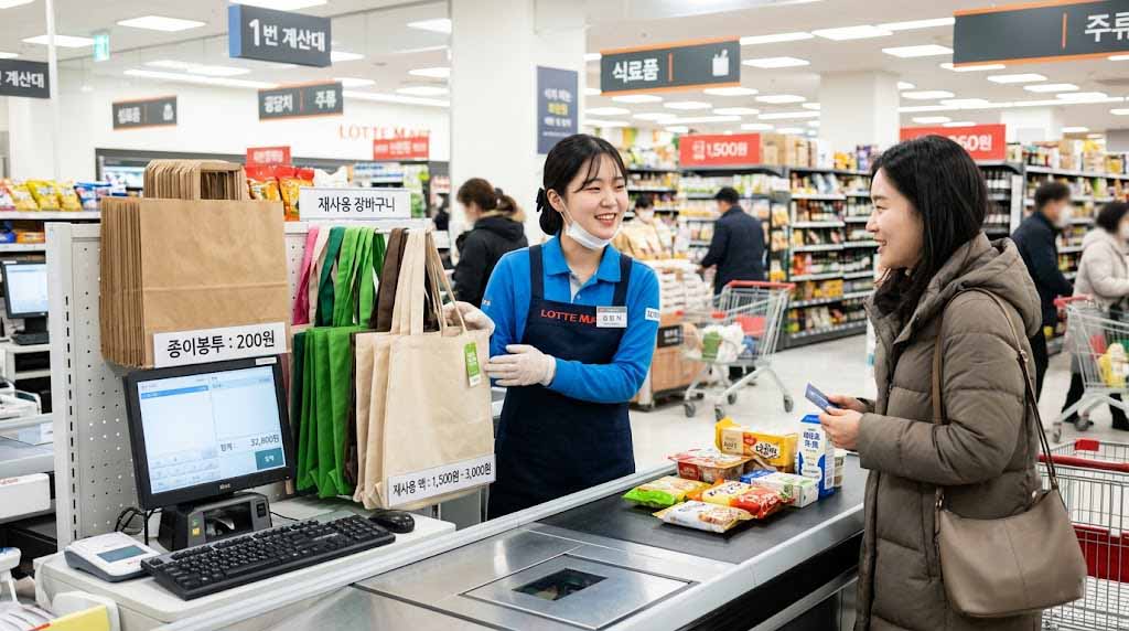 A Korean mart cashier explaining bag options to a customer