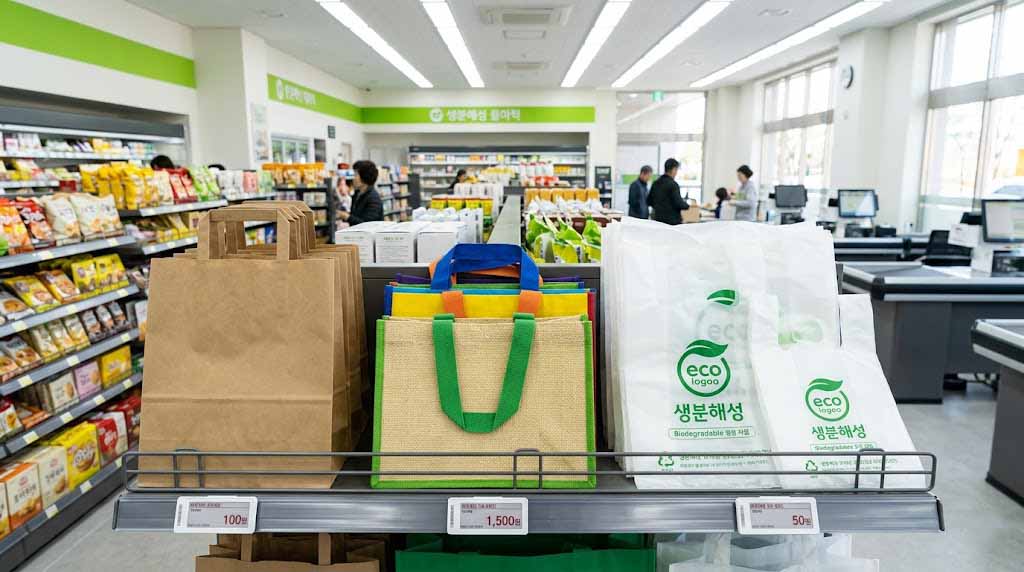 Three types of bags sold at a Korean mart — paper, reusable, and biodegradable — placed side by side