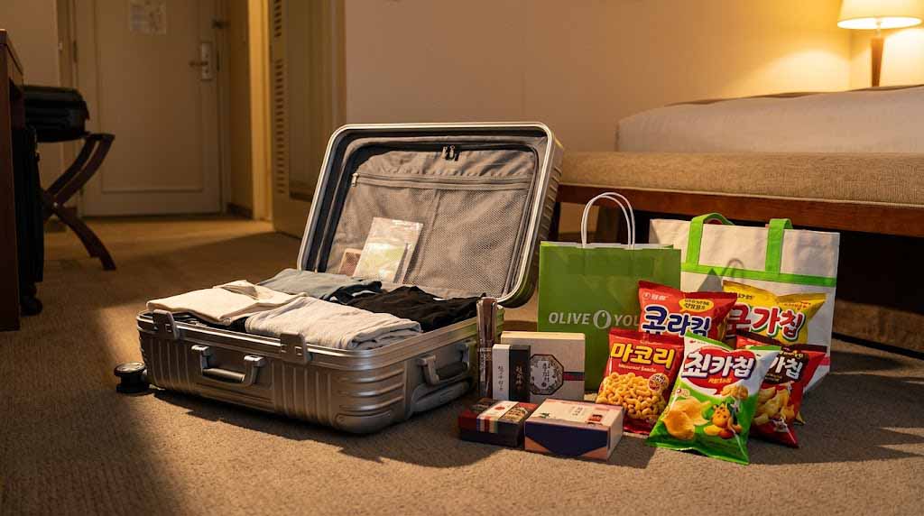 Olive Young products, Korean snacks, and souvenirs neatly arranged next to a travel suitcase