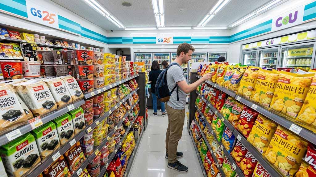 Various Korean snacks and drinks displayed inside a CU or GS25 convenience store