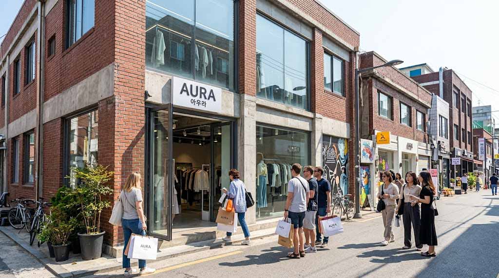 Foreign tourists browsing trendy Korean fashion brand stores on the streets of Seongsu, Seoul