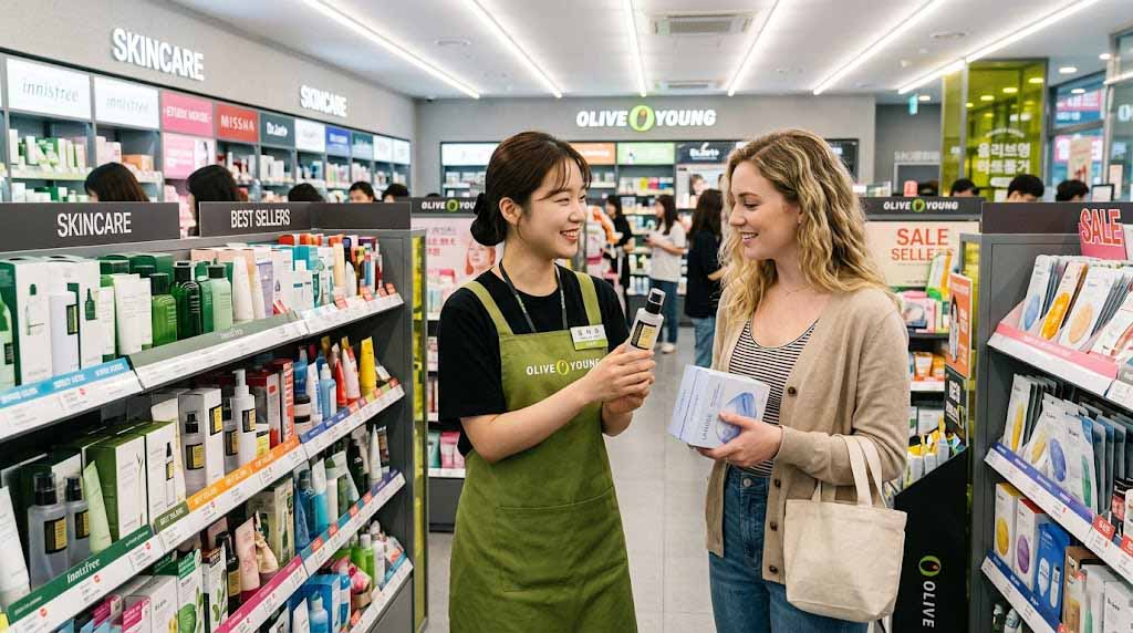 A foreign woman browsing Korean skincare products at Olive Young