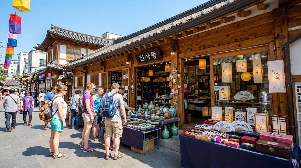 Foreign tourists browsing traditional Korean souvenir shops on Insadong Street in Seoul