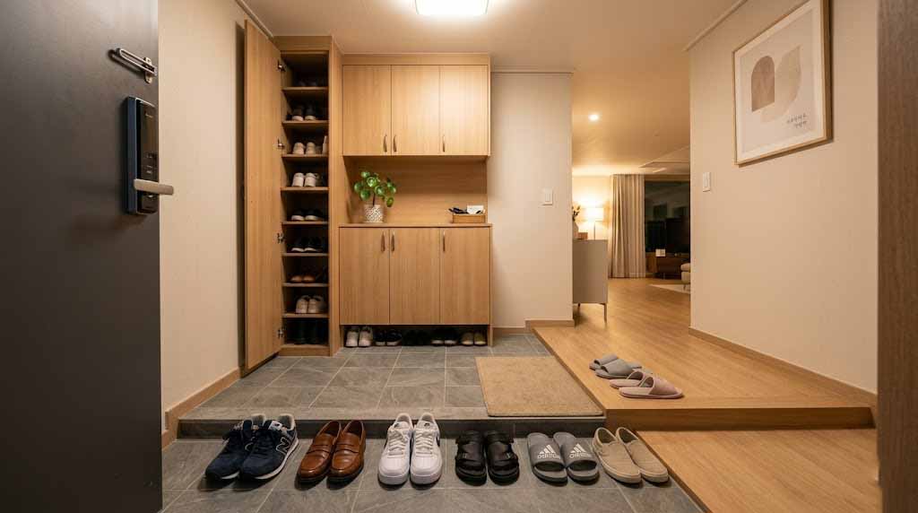 Neatly arranged shoes at the entrance of a Korean home