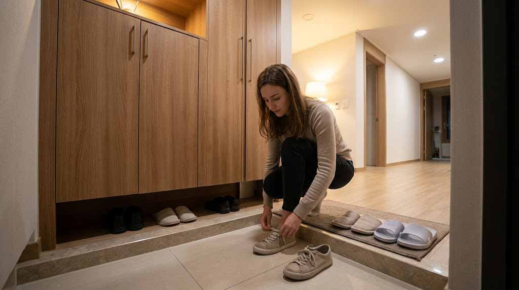 A foreigner taking off shoes at a Korean home entryway before entering