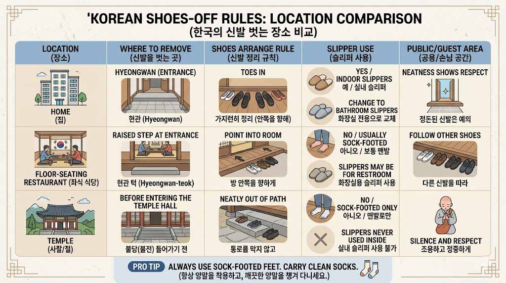 Comparison table image showing shoe-removal rules at Korean homes, restaurants, and temples