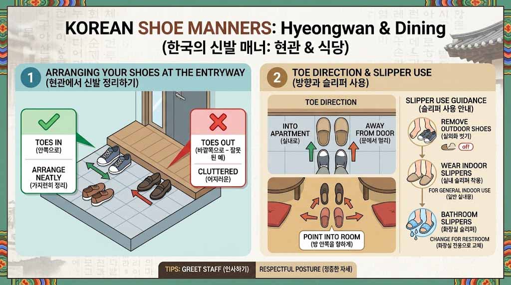 Informational image summarizing shoe-removal manners to know in Korea