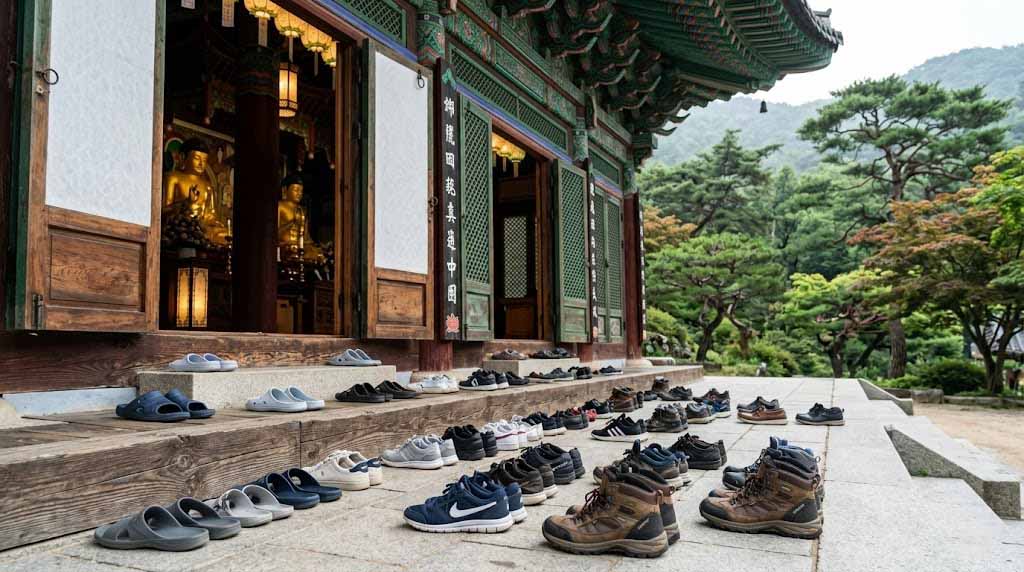 Visitors' shoes neatly arranged at the steps of a Korean Buddhist temple hall entrance