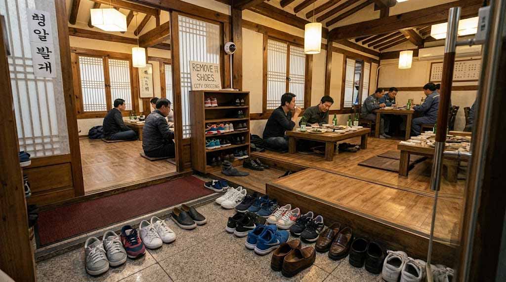 Multiple pairs of shoes placed at the entrance of a traditional Korean floor-seating restaurant
