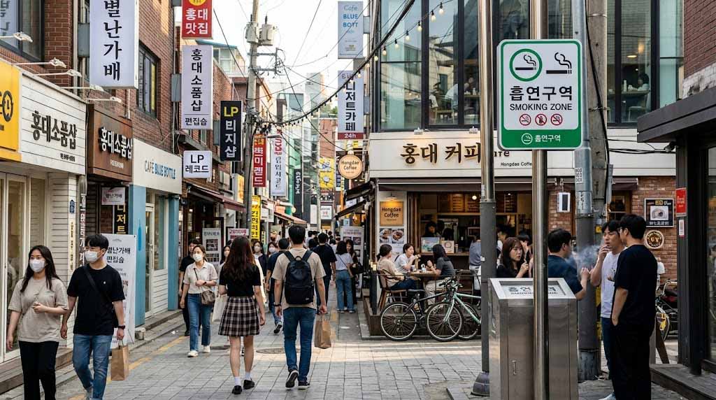 Smoking zone sign installed in a Hongdae alley with surrounding street view