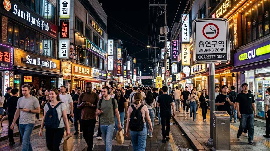 A smoking zone sign installed amid the night view of Itaewon street