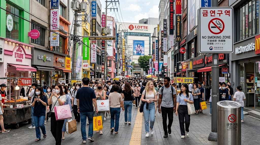 Foreign tourists sightseeing on Myeongdong street with a smoking zone sign nearby