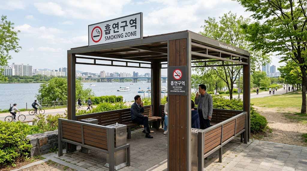 Open-type smoking booth installed in Seoul's Hangang Park with the Han River in the background
