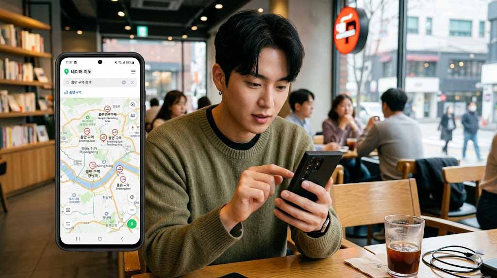 Smartphone screen showing Seoul smoking area search results on the Naver Map app