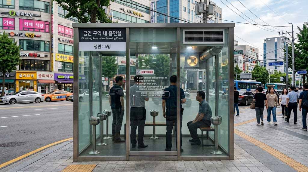 Overview of a transparent glass public smoking booth installed on a Seoul city street