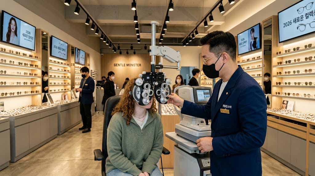 An optician conducting an eye exam at a Korean optical shop